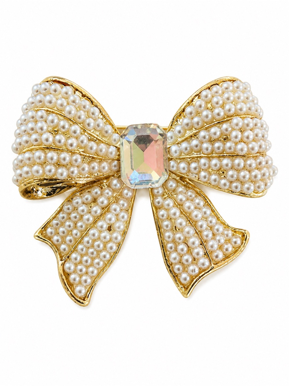 Faux Pearl Bow Brooch Gold Tone Rhinestone Accent Coquette